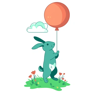 A teal hare is standing on its hind legs, holding tightly onto a large, round balloon that is a bright orange color. The balloon is floating high in the sky, surrounded by fluffy white clouds. The hare's ears are perked up, and its nose twitches as it gazes up at the balloon. Below the hare, there is a vibrant green field with scattered wildflowers. The sun is shining brightly, casting soft shadows on the ground.