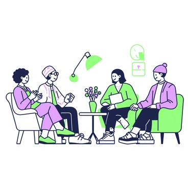 A group of five individuals is seated in a cozy room arranged in a circle. Each person is engaged in conversation, sharing their personal experiences. On the left, a woman with curly hair is speaking animatedly, while a man with glasses nods in agreement. Next to him, a person with a beanie is taking notes on a notepad. In the center, a woman with a warm smile offers encouragement, while the fifth individual, seated on the right, is listening intently. The room features comfortable chairs and a small table in the middle, decorated with a vase holding fresh flowers. Soft lighting from a lamp casts a warm glow over the scene.
