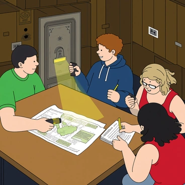 A group of four friends, two men and two women, are gathered in a dimly lit escape room filled with various puzzles and props. The first man has short black hair and is wearing a green t-shirt, intently examining a map spread out on a wooden table. The second man has curly brown hair and is dressed in a blue hoodie, holding a flashlight to illuminate a clue attached to the wall. One woman has long blonde hair in a ponytail, wearing a red tank top, actively writing notes on a notepad. The second woman, with wavy dark hair and glasses, is crouched down near a locked box, inspecting a combination lock. The room's walls are decorated with mysterious symbols and there is a large, ornate door at the back that they are trying to unlock.