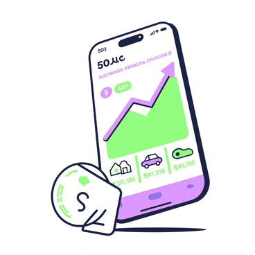 A smartphone is positioned on a flat surface, angled slightly to showcase its screen. The screen displays a savings app with vibrant graphics illustrating rising savings. The app features a prominent line graph with an upward trajectory, demonstrating an increase in savings over time. Below the graph, there are icons representing various savings goals, such as a house and a car, each accompanied by corresponding monetary amounts. The smartphone has a sleek design with rounded edges, and its background is out of focus to emphasize the app's display.
