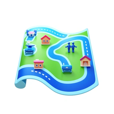 A map illustrating various phases of life as a journey with distinct milestones. The map features a winding path that symbolizes the journey of life. Along the path, there are several notable milestones, each represented by identifiable icons. These milestones include "birth," depicted as a small cradle; "education," represented by a graduation cap; "career," illustrated with a briefcase; "family," shown through a house with figures; and "retirement," symbolized by a rocking chair. Each icon is positioned at different points along the path, contributing to the overall sense of progression and transition through life's stages. The background includes subtle elements to enhance the visual representation of a journey.
