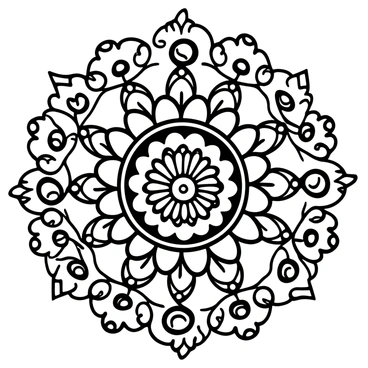 A detailed mandala pattern created using black and white vector lines. The design features an array of symmetrical shapes, including circles, triangles, and floral motifs that radiate outwards from the center. Each section of the mandala is filled with intricate line work that creates a sense of depth and complexity, showcasing fine details like small dots and interwoven patterns throughout. The overall composition is harmonious and balanced, inviting viewers to explore the complexity of its design with each layer.
