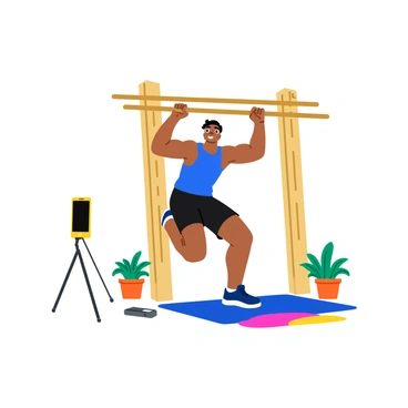 A social media influencer is performing a pull-up challenge on a wooden pull-up bar. The influencer is wearing a bright blue tank top and black workout shorts. They have a focused expression as they grip the bar tightly with both hands, showcasing their muscular arms. In the background, there are small potted plants and a colorful exercise mat on the ground. A smartphone is positioned on a tripod nearby, capturing the moment for their followers. The scene exudes an energetic and motivational atmosphere.
