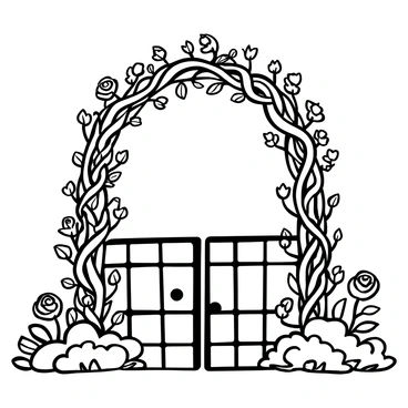 A whimsical garden gate constructed from twisting rose vines, intricately woven to form an arched entrance. The vines are full of thorny details and delicate leaves, with clusters of roses in various stages of bloom adorning the structure. The gate stands tall amidst a lush garden, with additional rose bushes flanking each side, creating an inviting yet enchanting atmosphere. The vines entwine around the iron frame of the gate, enhancing its organic appearance.