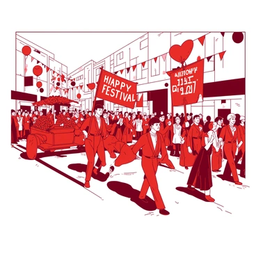 A red parade is marching down a street filled with participants wearing elaborate costumes. The costumes are adorned with sequins, feathers, and bright patterns. Some participants are carrying large, colorful banners with "Happy Festival" written on them in bold letters. There are floats decorated with flowers and lights, moving along the street, while crowds of people are gathered on the sidewalks, smiling and waving. Balloons in various shapes and sizes are floating above the parade, adding to the festive atmosphere.