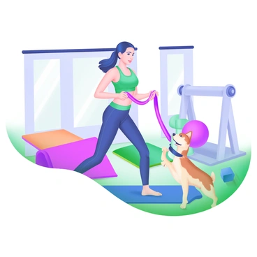 A modern pastel illustration of a person performing face pull exercises using a resistance band. The person is focused and in an athletic stance, wearing comfortable workout clothing. Nearby, a playful pet, such as a dog or cat, is curiously watching or playfully interacting with the resistance band. The setting features a cozy home gym with exercise mats, a yoga ball, and weights in the background, creating a dynamic and engaging atmosphere.