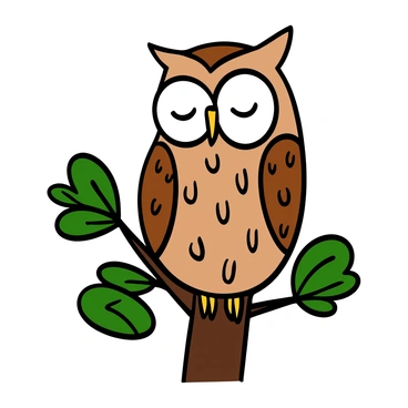 An owl with intricate feather patterns, featuring shades of brown and white, is perched on a sturdy branch. Its large, round eyes are half-closed, giving it a serene expression. The owl's beak is slightly open, and its head is turned slightly to one side, as if deep in thought. The branch is surrounded by lush green leaves, with sunlight filtering through, casting gentle shadows around the owl.