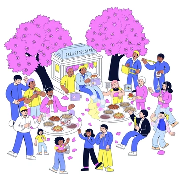 A bustling festival scene filled with people engaging in various activities. There are stalls featuring colorful decorations and banners. Groups of people are gathered around tables, happily enjoying an assortment of food items displayed on white plates. Nearby, musicians are playing instruments, creating a joyful atmosphere. The setting is under vibrant plum blossom trees, with pink flowers blooming abundantly, creating a beautiful backdrop. The ground is scattered with petals, adding to the festive ambiance.