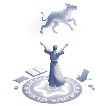 A summoner stands confidently within a glowing circle on the ground, intricately designed with arcane symbols. The summoner is dressed in flowing robes that billow slightly as if stirred by an unseen wind. Their arms are raised, palms open, as they channel energy towards the center of the circle. Surrounding the summoner are various mystical objects, such as ancient scrolls and shimmering gemstones. Above the glowing circle, a mythical beast begins to materialize, its form becoming more defined in a swirl of energy and light. The beast has powerful limbs, a majestic head, and intricate details that hint at its legendary status. The atmosphere is charged with energy, reflecting the intensity of the summoner's focus and the powerful magic being conjured.