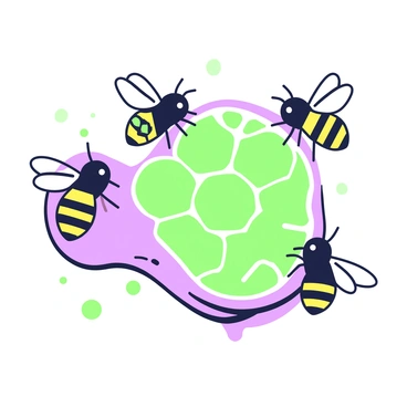 A pancreas is illustrated in the shape of a honeycomb, showcasing its distinct hexagonal cells. The surface of the honeycomb is textured, with light reflecting off its surfaces. Several bees are buzzing around the honeycomb, their wings in motion with a slight blur to indicate movement. Each bee is detailed, featuring distinct markings on their bodies. The background is simple, allowing the focus to remain on the honeycomb pancreas and the bees interacting with it.