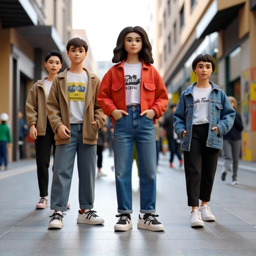 A street scene filled with young people, all wearing trendy clothes from various fashion brands. Among them is a young woman with long, wavy hair, dressed in a vibrant red cropped jacket and high-waisted jeans. A young man stands nearby, sporting a graphic t-shirt and stylish sneakers, with his hands in his pockets. Another individual, a young woman with short hair, wears an oversized denim jacket and a pair of chic black leggings. The background features urban elements like graffiti-covered walls and colorful shopfronts, enhancing the lively atmosphere of the scene.
