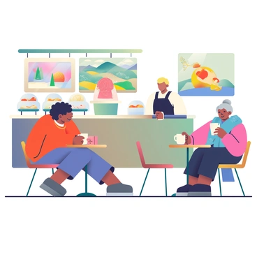 A cozy museum cafe is filled with patrons sitting at wooden tables, sipping coffee from ceramic mugs. Each patron has a different appearance; one has curly black hair and is wearing a red sweater, while another is an older woman with gray hair in a bun, dressed in a blue scarf. Illustrated murals featuring vibrant landscapes and abstract designs adorn the walls. A barista with short blonde hair is preparing drinks behind a sleek counter, where various pastries are displayed under glass cloches. Soft, warm lighting creates an inviting atmosphere in the cafe.