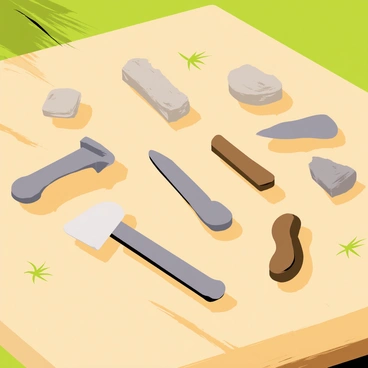 A wooden table with a smooth surface displaying a collection of simple stone tools. The tools include several hand axes and flakes, each with distinct shapes and textures. The stones are rough and varied in color, ranging from gray to brown. Sunlight casts soft shadows on the table, highlighting the tools' edges. A few scattered pieces of dried grass surround the tools, adding to the natural setting.