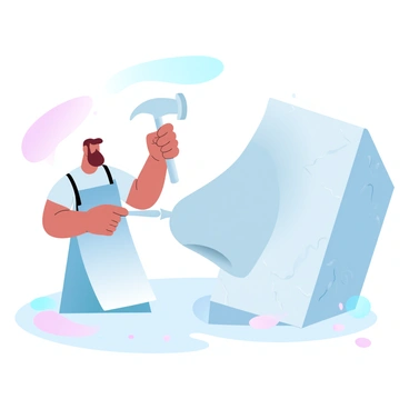 An artist is chiseling a giant nose from a large marble block. The artist is wearing a protective apron and is holding a chisel in one hand and a hammer in the other. Chisel marks are visible on the marble surface, showcasing the texture of the carving process. Small pieces of marble dust are scattered on the ground around the artist. The background features a soft gradient of pastel colors to enhance the scene.