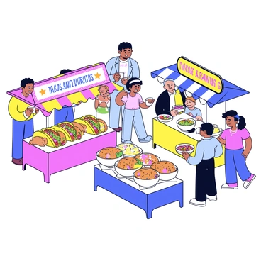 A vibrant festival scene featuring multiple food stalls, each showcasing diverse Hispanic cuisines. One stall displays colorful banners with the words "Tacos" and "Burritos," featuring a large arrangement of tacos filled with various ingredients. Another stall is adorned with bright decorations and showcases traditional empanadas. A third stall has a selection of fresh ceviche, with bowls filled with bright, zesty mixtures. People of different ethnicities are gathered around the stalls, engaging with the vendors and sampling dishes. The atmosphere is lively and filled with the appealing sight of delicious foods and cheerful interactions.