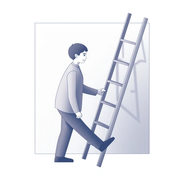 A person is walking carefully around a ladder that is leaning against a wall. The individual has a cautious posture, with one foot slightly raised as they navigate the space. Their gaze is focused intently on the ladder, indicating a sense of vigilance. The wall behind the ladder is plain and textured, and the ground is flat, providing a stable surface. The overall setting suggests a moment of careful observation and consideration.