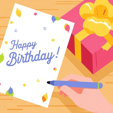 A close-up of a hand holding a blue pen, writing "Happy Birthday!" in an elegant script inside a colorful birthday card. The card is decorated with vibrant balloons and confetti patterns. Next to the card is a beautifully wrapped gift, featuring shiny red paper and a large gold bow on top. The surface underneath is a wooden table, adding warmth to the scene.