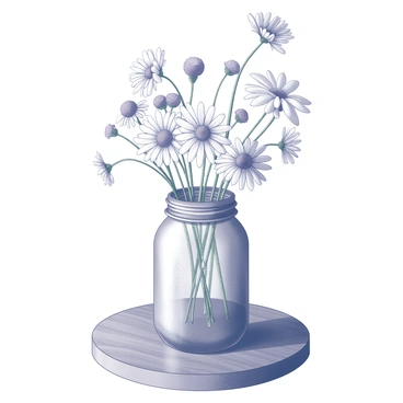 A mason jar filled with a variety of wildflowers is placed on a wooden table. The wildflowers include daisies, buttercups, and small purple blooms, each exhibiting intricate petal details. The jar is slightly rustic, showcasing the texture of glass and reflecting light subtly. The wooden table has a rich grain pattern, enhancing the natural feel of the arrangement. Soft shadows are cast by the flowers and jar, adding dimension to the scene.