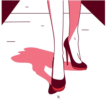 A close-up of a model's feet walking down the catwalk wearing elegant high heels. The heels are black and glossy, reflecting the bright lights of the runway. The model's feet are adorned with perfectly manicured red nails. The texture of the runway is smooth and polished, providing a stark contrast to the sheen of the heels. The feet are captured mid-step, highlighting the graceful arch and movement as the model strides confidently forward.