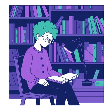 A teal eboy with stylish black glasses is sitting on a wooden chair in a dimly lit library. He is deeply engrossed in a book held open in front of him. The eboy is wearing a vibrant purple quirky sweater, adorned with playful patterns and designs. Around him, tall bookshelves are filled with various colored books, their spines creating a rich backdrop. A warm light emanates from a nearby desk lamp, casting gentle shadows around the space.
