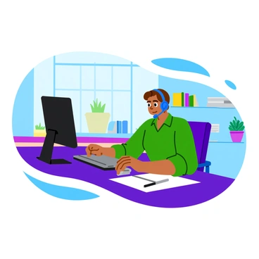 A customer service representative with short brown hair wearing a blue headset is sitting at a desk in a modern office. The representative is looking attentively at a computer screen while holding a phone to one ear. Papers and a pen are neatly arranged on the desk beside the computer. In the background, there are shelves filled with books and plants, adding a touch of color to the office environment. A large window lets in natural light, illuminating the workspace.