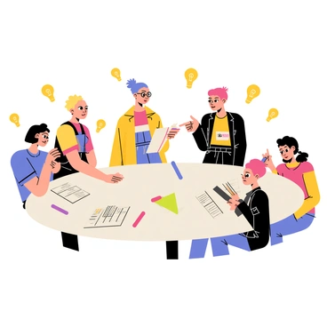 A team of fashion illustrators is gathered around a large, round table. They are engaged in animated discussions, with some pointing at sketches and others taking notes. Each illustrator has a unique hairstyle and a distinct fashion style, showcasing a variety of colorful outfits. The table is cluttered with markers, sketchbooks, and swatches of fabric. One illustrator is holding a bright pink sketchbook, while another is flipping through a stack of design notes. There are lightbulbs above their heads, symbolizing creativity and inspiration as they brainstorm fashion design ideas.