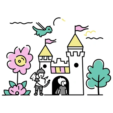 A minimalistic drawing of a nursery scene featuring a small castle with banners fluttering in the breeze. There are two knights in shining armor standing at the entrance, one holding a sword and the other a shield. A green dragon can be seen flying above the castle, with its wings spread wide. In the foreground, there are flowers and trees that frame the scene, adding color and life to the nursery. The sky is clear, with a bright sun shining down on the kingdom.