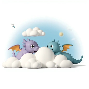 Two friendly cartoon dragons, one purple with green spots and one blue with yellow wings, are playing hide and seek among fluffy white clouds in a bright blue sky. The purple dragon is peeking out from behind a large, billowing cloud, its eyes wide with excitement. The blue dragon is partially hidden, with its tail visible as it hides behind another cloud, glancing playfully at its friend. Sunlight bathes the scene, casting soft shadows on the clouds, while a few birds can be seen flying in the distance.