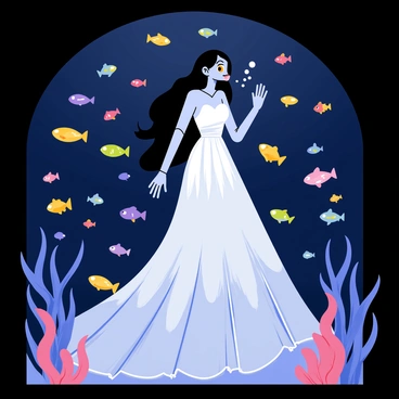 A corpse bride with pale blue skin and long, flowing dark hair is submerged in an underwater realm. Her wedding dress, tattered and translucent, drifts around her in the water. Numerous glowing fish of various shapes and colors swim gracefully around her, illuminating the dark depths with soft, radiant light. Bubbles rise gently from her mouth, creating a sense of movement in the tranquil underwater scene. The background features delicate coral structures and swaying aquatic plants, enhancing the mystical atmosphere of the underwater world.
