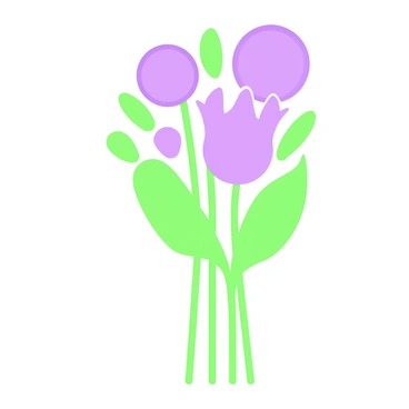 A bouquet of flowers arranged together, composed of simple geometric shapes. The bouquet consists of three flowers, each with circular petals in different sizes. The flowers have long, straight green stems that extend downwards. Surrounding the flowers are several green leaves in oval shapes, varying in orientation, creating a balanced composition. The background is blank, allowing the bouquet to stand out as a focal point.