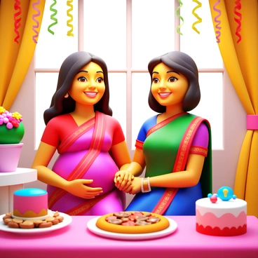An Indian pregnant woman wearing a colorful traditional saree, with intricate patterns and embroidery, sits next to her mother. The mother is also dressed in a vibrant saree, showcasing a beautiful blend of colors. They are both smiling warmly at each other, with the mother gently holding her daughter's hand. Surrounding them are decorations featuring floral arrangements and colorful streamers. A table nearby displays a decorated cake and various snacks, adding to the festive atmosphere of the baby shower. In the background, soft lighting enhances the intimate setting.