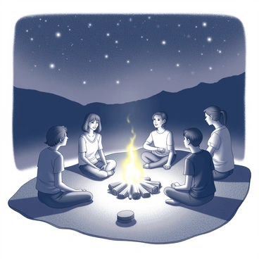 A nighttime scene featuring a "tapis" spread out on the ground. Several friends are seated on the tapis, engaged in conversation and enjoying each other's company. The sky above is filled with "stars," creating a twinkling effect against the dark backdrop. The campfire in the center casts a warm glow, illuminating the faces of the friends and creating flickering shadows around them. There are small logs and stones arranged around the fire, adding to the rustic ambiance of the gathering.