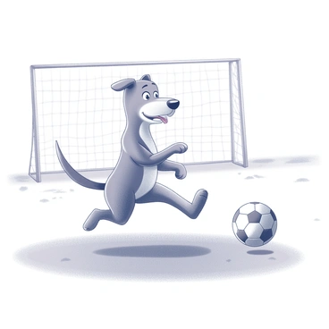 A cartoon dog playing soccer on a grassy field, kicking a ball towards the goal