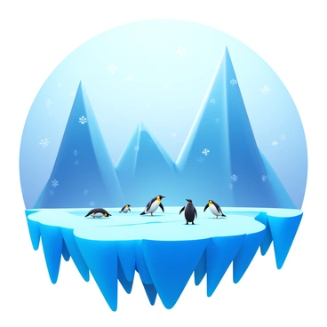 A vast arctic landscape featuring towering glaciers with sharp, jagged edges. The ice is a deep blue with hints of white reflecting the sunlight. Several penguins are waddling across the pristine ice, their black and white bodies creating a striking contrast against the icy terrain. The sky is clear with a soft gradient from pale blue at the horizon to deeper blue above. Snowflakes gently fall, creating a serene atmosphere in this cold environment.