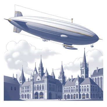 A large steampunk airship is soaring high above a Victorian-era cityscape. The airship has an intricately designed hull with brass accents and rotating propellers. Below, the city is filled with tall, ornate buildings featuring gothic architecture, including pointed arches and decorative spires. Smoke is billowing from chimneys, adding to the industrial atmosphere. The streets are lined with gas lamps, and people in period clothing can be seen walking along the cobblestone roads. The sky is filled with puffy clouds, enhancing the sense of height and adventure.
