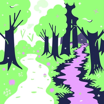 Two distinct paths diverge in a lush forest filled with dense green trees and underbrush. On the left, the bright path is lined with vibrant foliage and dappled sunlight breaking through the treetops. The ground is covered with soft green grass and colorful wildflowers that flourish along the way. On the right, the shadowy path leads deeper into the forest where the light is dimmer, and the trees create a canopy that obscures the sky. The soil is darker here, with hints of purple shadows cast by the thick trunks of ancient trees. Ferns and moss thrive in this cooler, less illuminated section of the forest.