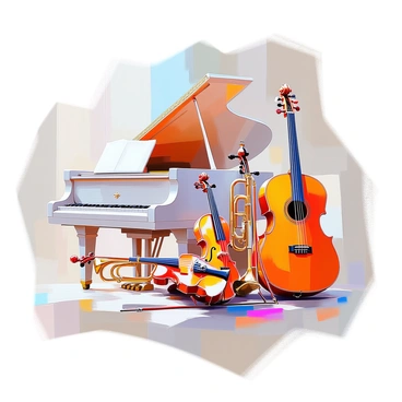 A stylish line art representation of various musical instruments arranged together.