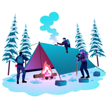 A group of operators dressed in tactical winter gear is setting up a camp in a snowy landscape. They are working together to raise a large, durable tent amidst the thick layer of snow covering the ground. A blazing fire is at the center of the camp, producing bright orange flames that contrast with the surrounding white snow. Smoke rises from the fire, swirling into the clear blue sky above. The operators are using various equipment such as shovels and ropes, while backpacks and gear are scattered around them. In the background, tall, snow-covered trees frame the scene, and the sun is low on the horizon, casting long shadows across the glistening snow.