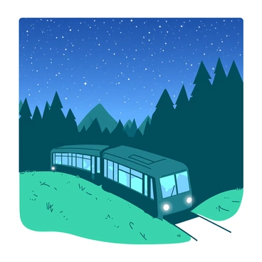 A teal funicular is traveling up a hill, illuminated by bright white lights along its sides. The hill is steep and covered in lush green grass, while the night sky above is filled with countless twinkling stars. The funicular's windows reflect the stars, creating a warm glow against the cool colors of the night. In the background, the silhouette of distant trees adds depth to the scene, completing the nighttime landscape.
