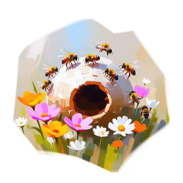 A group of bumblebees surrounding their hive, which is nestled in a small, grassy clearing. The bees are in various stages of flight, with some hovering protectively near the entrance of the hive. Several bees are in a defensive posture, their wings buzzing loudly, while others are preparing to engage a nearby threat, such as a small bird or an intruder. The hive itself is a round, fuzzy structure made of leaves and wax, blending naturally into the environment. Bright flowers are in the foreground, providing a vibrant backdrop to this dynamic scene.