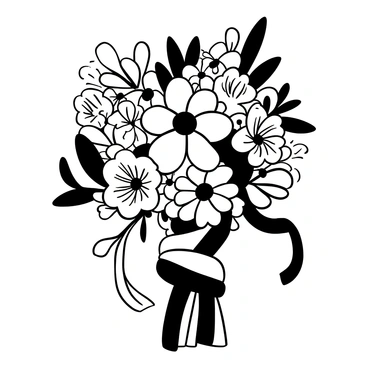 A close-up view of a wedding bouquet featuring "intricate flowers" with layered petals and delicate details. The bouquet is adorned with "ribbons" elegantly draped around the stems, with some ribbons cascading down. Various types of flowers are arranged together, showcasing their unique shapes and textures. The bouquet has a balanced composition, with larger flowers centered and smaller blooms complementing them. The overall arrangement is lush and full, with highlights on the natural curves of the flowers and the smooth flow of the ribbons.