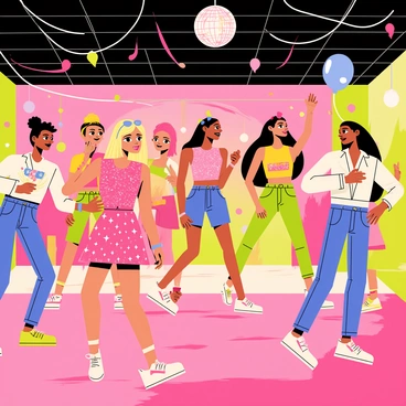 A lively 80s themed party scene featuring "Barbie" and her friends dancing energetically. The background is filled with vibrant "neon lights" in bright pink, blue, and green hues. "Barbie" is wearing a sparkly pink dress with shiny silver accessories, while her friends sport colorful outfits typical of the 80s, including high-waisted jeans and colorful scrunchies. The dance floor is busy with movement, as several characters dance together, showing a variety of fun poses. A disco ball hangs from the ceiling, reflecting the neon colors around the room. Brightly colored streamers and balloons add to the festive atmosphere.