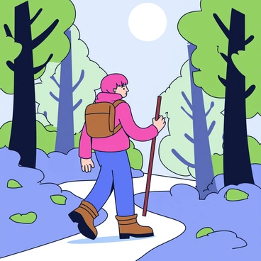A woman wearing a bright red jacket and sturdy brown hiking boots is walking along a narrow trail in a dense forest. She has a backpack secured to her back and is holding a hiking stick in her right hand. The forest is filled with tall, green trees that are partially obscured by a thick mist. The ground is covered with fallen leaves and scattered rocks, adding texture to the path. Sunlight filters through the trees, creating soft patches of light in the otherwise foggy atmosphere.