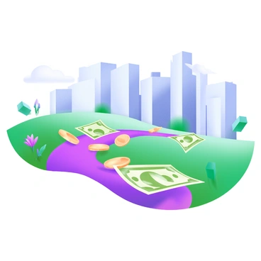 A long winding road made of various bills, such as dollar bills and coins, curving gently through the landscape. On one side, green grass and small patches of wildflowers border the road. In the distance, a city skyline emerges, featuring tall buildings with reflective glass windows under a clear blue sky. The road leads directly toward this skyline, creating a sense of journey and aspiration.