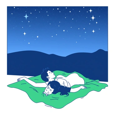 A couple is lying on a green blanket spread out on a vast open field. They are side by side, with their heads resting on the blanket and their arms stretched out. The sky above them is filled with numerous twinkling stars, creating a dazzling display. The couple is looking up, gazing at the stars with expressions of wonder. The field is surrounded by dark silhouettes of distant hills under the night sky.