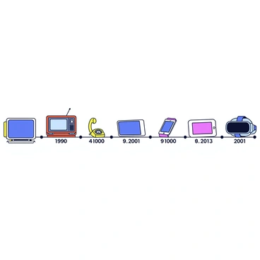 A timeline that showcases various gadgets and devices in a linear format. Starting from a large, bulky retro television set on the left, progressing to a rotary dial telephone next to it. Next, there is a personal computer with a monitor, keyboard, and mouse. Following that, a sleek smartphone is displayed, showcasing a colorful touchscreen. Further along the timeline, a tablet is placed alongside a smartwatch. Finally, at the far right, there is a futuristic virtual reality headset. Each device is depicted with clear labels highlighting its name and year of introduction. The timeline itself is represented as a horizontal line with evenly spaced markers for each gadget.