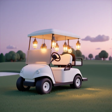 A golf cart, painted in a glossy white finish, is parked on a lush green golf course. The cart features four wheels and a small roof. Hanging from the sides of the cart are several ornate lanterns, intricately designed with metalwork and glass, casting a warm golden light. The twilight sky is painted in shades of purple and orange, with a few wispy clouds. The soft glow from the lanterns creates dancing shadows on the grass, enhancing the serene atmosphere of the evening.