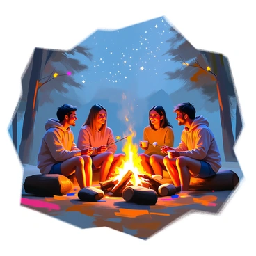 A group of friends sitting around a glowing campfire, with bright flames illuminating their faces. They are comfortably seated on logs and blankets, sharing laughter and stories. The night sky above is filled with countless stars, twinkling against the deep blue backdrop. Some friends are roasting marshmallows on sticks, while others are holding cups of warm drinks. The silhouettes of trees can be seen in the background, adding to the cozy atmosphere of the outdoor gathering.