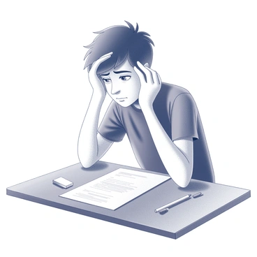 A student is seated at a wooden desk, which has an exam paper placed in front of them. The student has tousled hair and is wearing a simple t-shirt. Their facial expression conveys stress and uncertainty, with furrowed brows and slightly parted lips. One hand is gripping the edge of the desk, while the other hand is resting on their forehead, indicating anxiety. The lighting in the room casts soft shadows, enhancing the tense atmosphere of the situation. Various stationery items, such as a pencil and an eraser, are scattered on the desk around the exam paper.