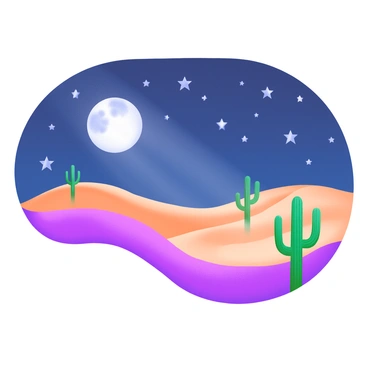 A desert scene during the night, featuring vast sandy dunes illuminated by moonlight. The sky is filled with numerous bright, twinkling stars, creating a stunning celestial display. Silhouetted against the starry backdrop, a few cacti are scattered throughout the landscape. A gentle breeze causes ripples in the sand, enhancing the tranquil atmosphere of the desert night.